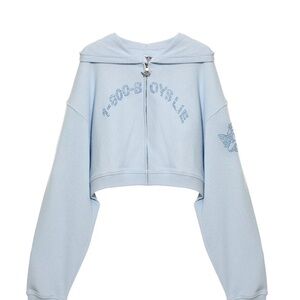 Boys Lie Cropped Sky Blue Rhinestone Zip Jacket
